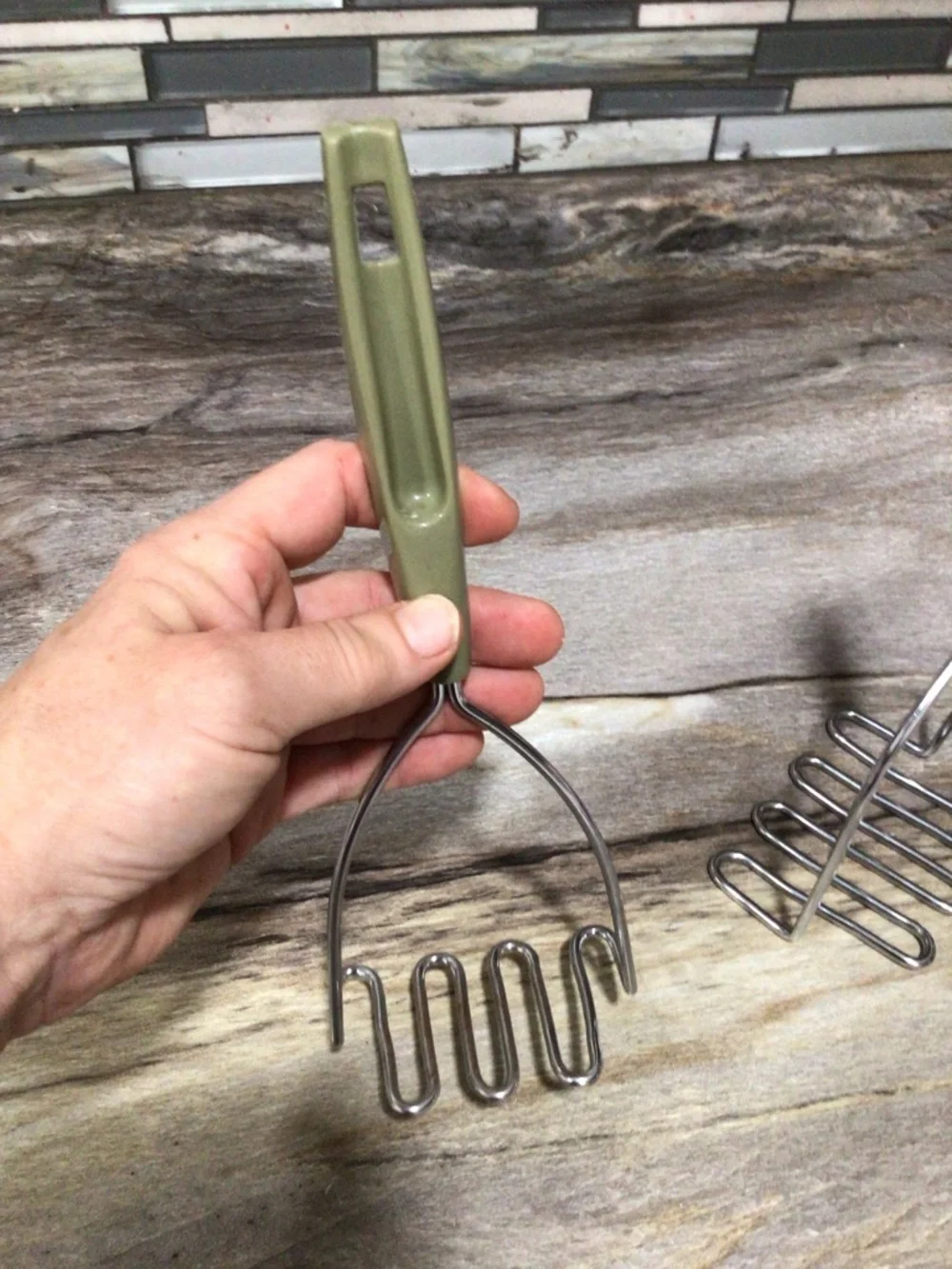 Vintage Green Handle Potato Mashers Set of 2 Stainless Steel Kitchen Utensils.